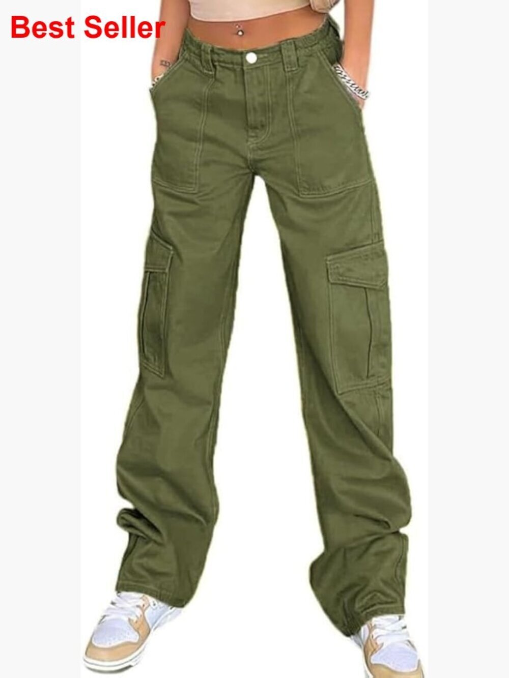 High Waisted Cargo Pants Wide Leg Trousers 95% Cotton 5% Spandex